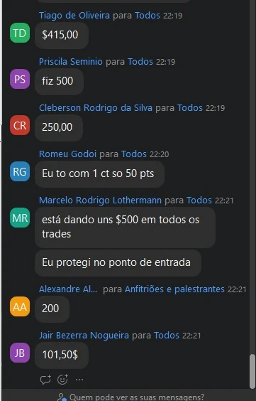 Sala da noite, 22:19: alunos postando o resultado do trade.