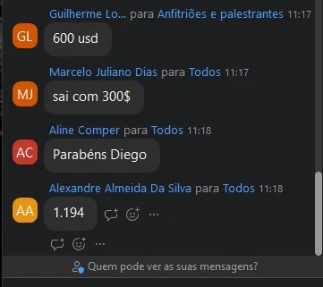 11:17: “sai com 300$”, “600 usd”, “1.194”.